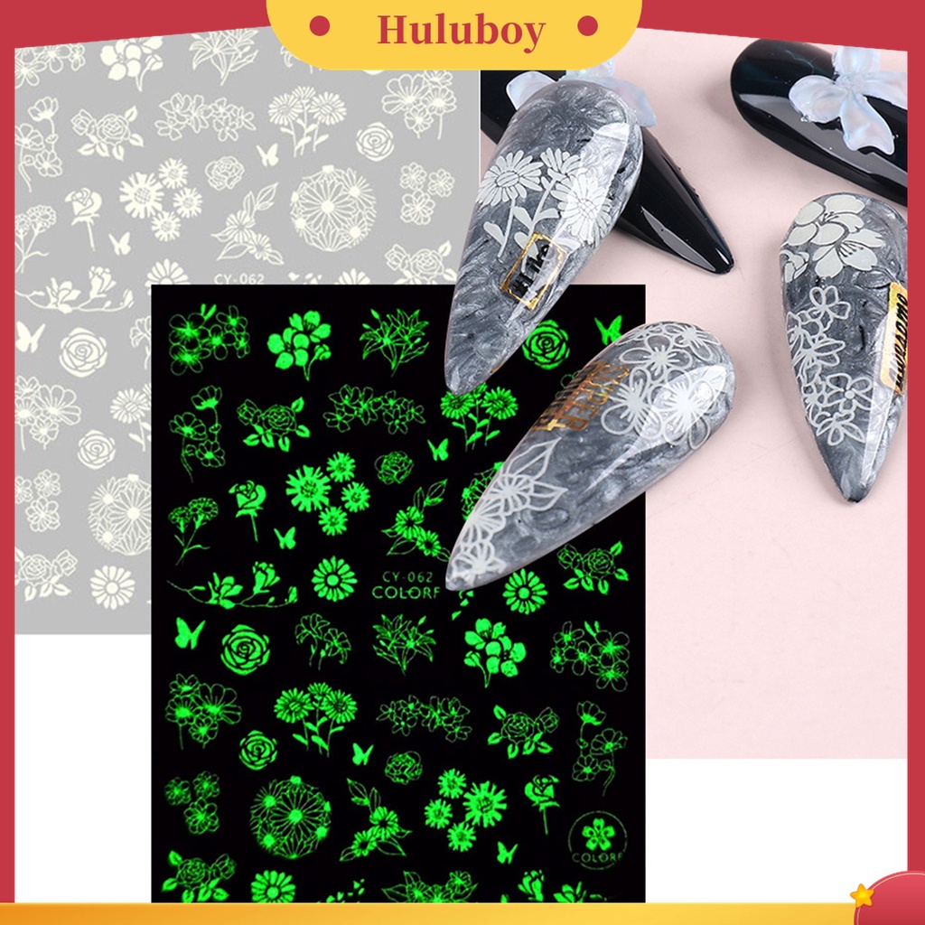 Huluboy Huluboy♡ 9 Pcs / Set Stiker Kuku 3D Glow In The Dark Desain Kupu-Kupu Bunga Slider Untuk Manicure