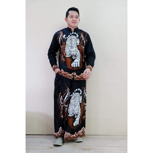 setelan Koko batik pria| set Koko dan sarung batik solo| setelan baju Koko muslim batik motif macan