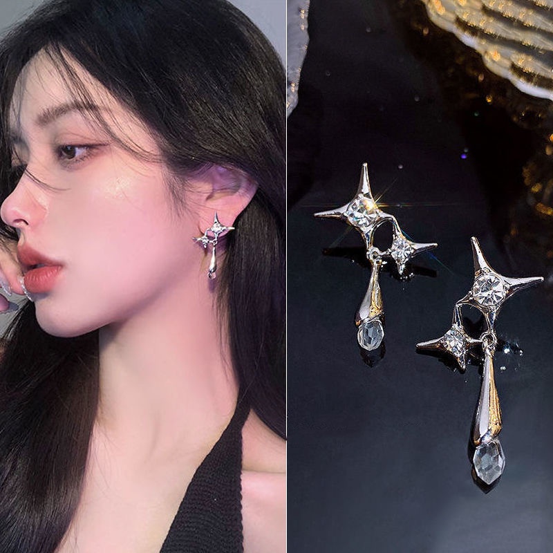 Anting Tusuk Gantung Asimetris Bahan Sterling Silver 925 Desain Tetesan Air Hias Berlian Imitasi Untuk Wanita