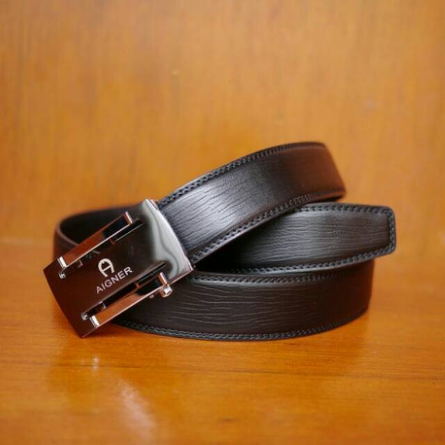 GESPER IKAT PINGGANG 100% KULIT ASLI PRIA IMPORT ISTIMEWAH #AIGNER REL110 BLACK&COFFEE (REALPIC)