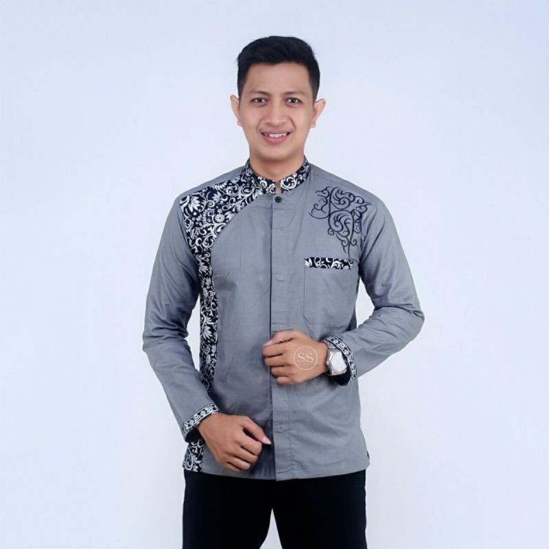 Baju Koko Batik Kekinian Lengan Panjang Kombinasi Koko Bordir Motif Batik Bahan Katun Oil Design Terbaru