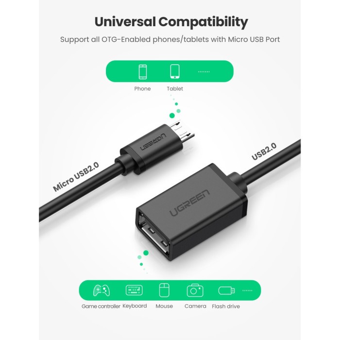 UGREEN Micro USB Male to USB-A Female Cable 15cm - US133