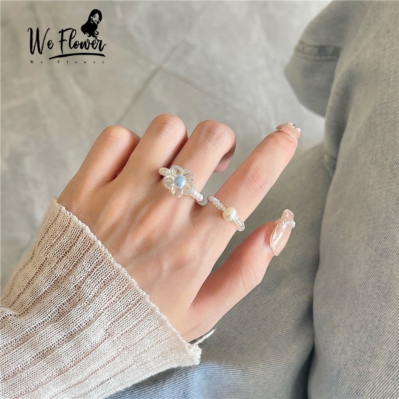 1pc Cincin Manik-Manik Mutiara Bentuk Bunga Bahan Akrilik Warna Putih Gaya Korea Untuk Wanita