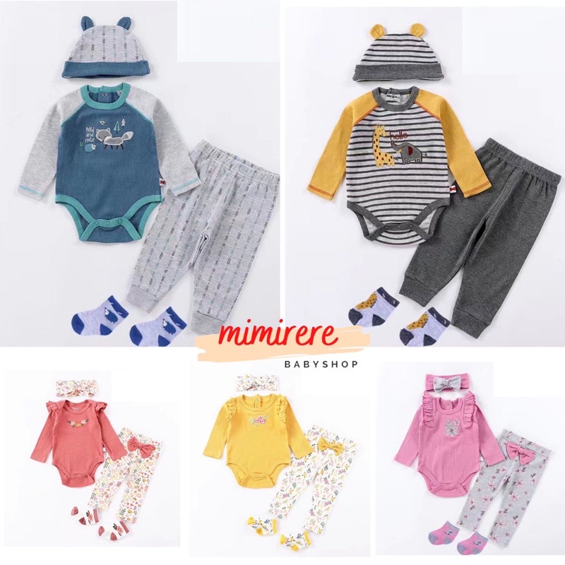 Setelan 4in1 Import Bayi &amp; Bandana / Hat Socks Pastel Series | Baby Rib Set Panjang Topi dan Bandana Kaoskaki