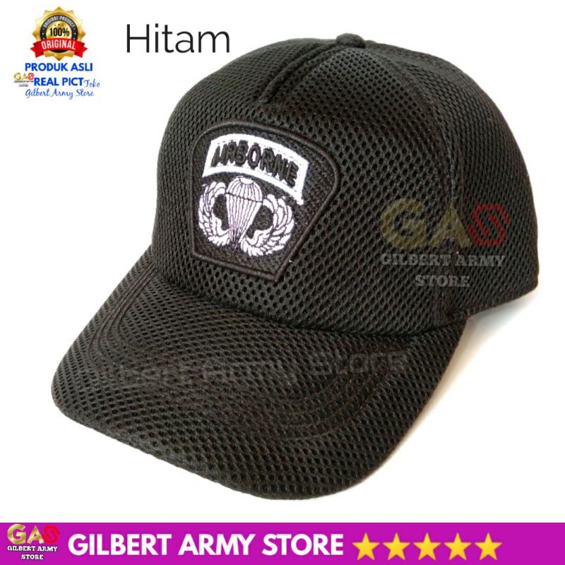 Topi Airborne Jaring Tan Gurun  Hitam Logo Bordir Tni Militer Gilbert Army Store Murah Kualitas Premium Grosir