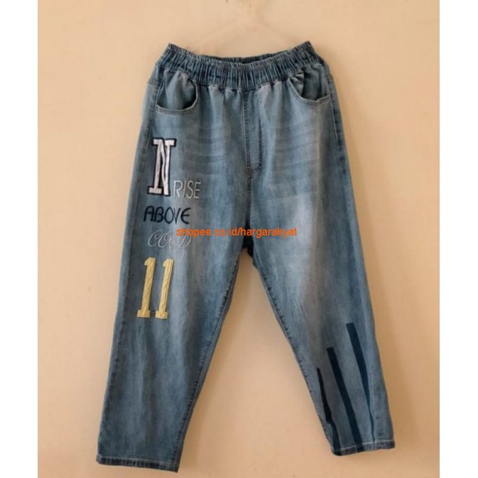 Celana Jeans Jumbo Bordir Motif N-RISE 11 Pinggang Full Karet