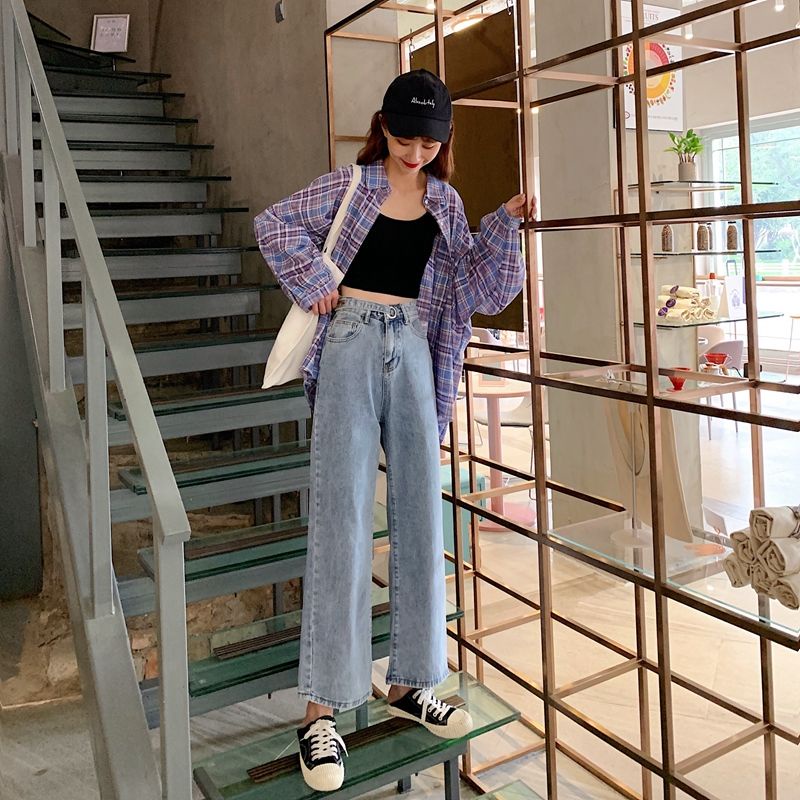 Mode Lurus Tinggi Perempuan Korea Pinggang longgar lebar Leg Jeans