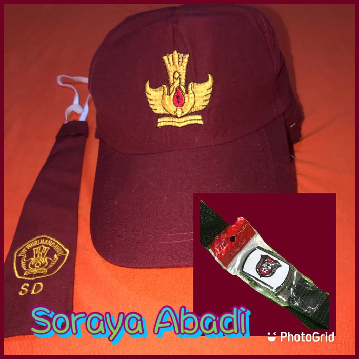 Paket Topi SD MERAH POLOS + Gesper + Dasi BORDIR SD PEREMPUAN