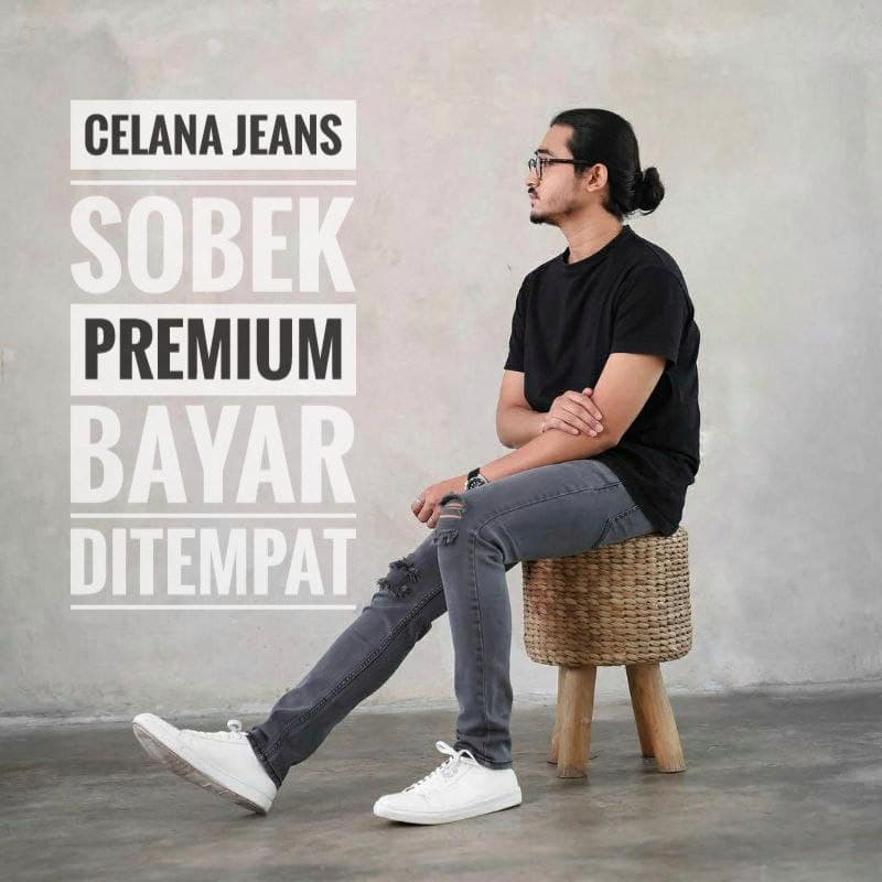 CELANA JEANS PRIA SOBEK LUTUT ROBEK SOFT JEANS