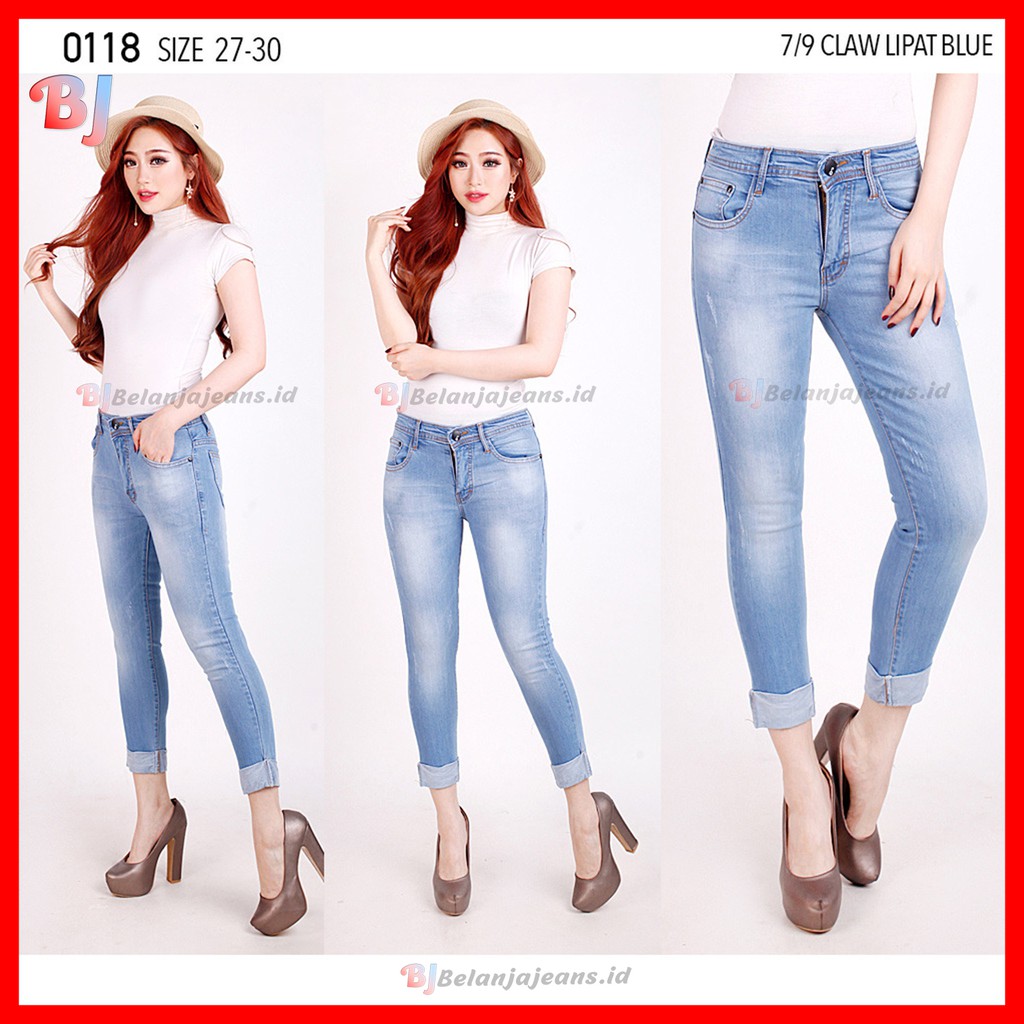 COD / CELANA 7/9 SOFT JEANS PANJANG PREMIUM WANITA BIRU POLOS MODEL LIPAT GULUNG BAWAH KAKI 0118