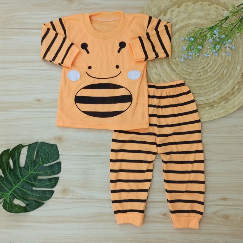 Ss#157 Setelan Baju Panjang Bayi Bahan Kaos / Piyama Baju Tidur Anak 0-12bulan Motif Bee