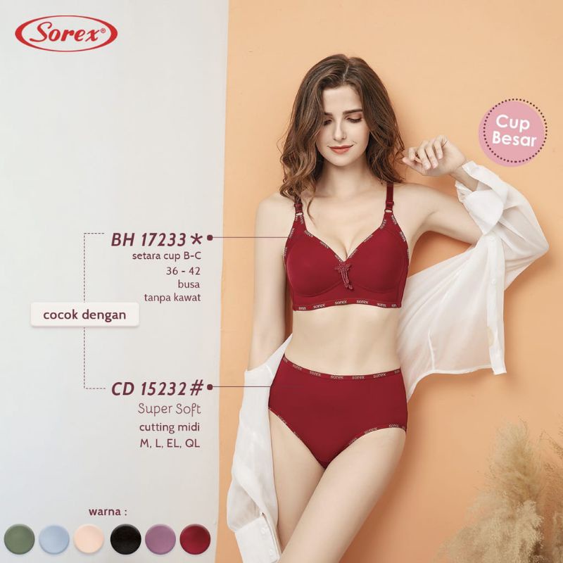 SOREX Casual style Bra 17233 Busa tipis Tanpa Kawat Kait 3 CUP Besar