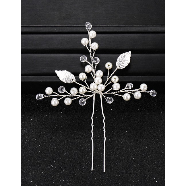 LRC Aksesoris Rambut Fashion Silver Color Pearls&amp;leaf Decorated Bride Hair Accessory E80524