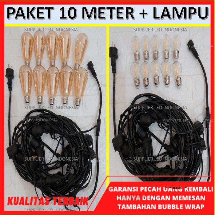 PAKET KOMPLIT FITTING LAMPU GANTUNG 10 M ( 10 FITING KABEL + 10 LAMPU FILAMEN ) SET 10 METER KABEL 10M LANGSUNG SIAP PAKAI