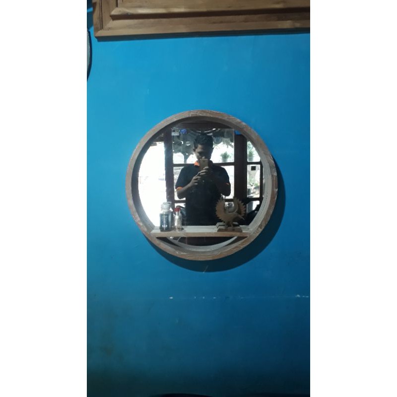 cermin bulat antik rustik kayu jati