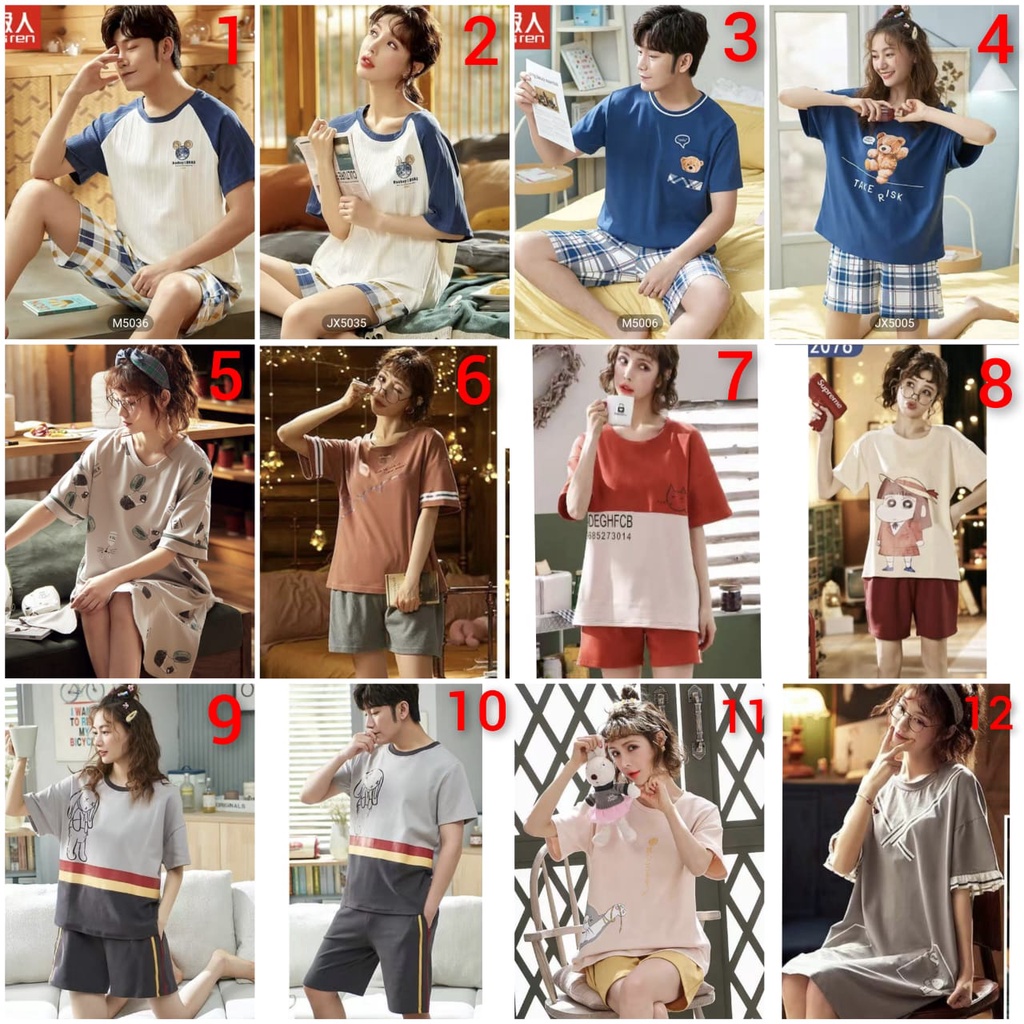 Setelan piyama 3/4 couple bahan kaos import HPcouple004