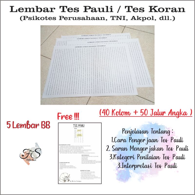 

Lembar Tes Pauli A3 / Tes koran / Psikotes Pt,Tni,Akpol,dll ( Paket Hemat 2 )