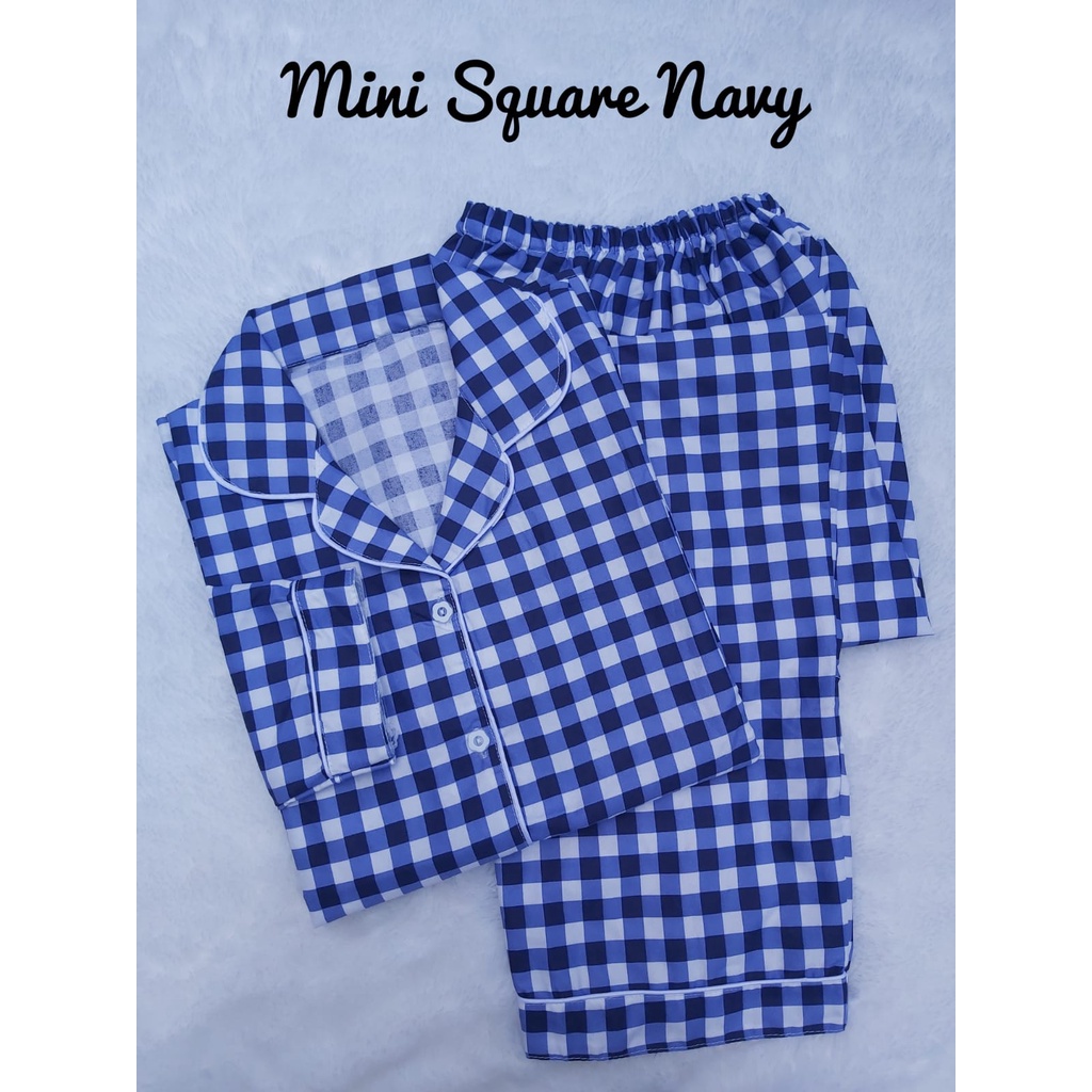 JNV Piyama PP Wanita Motif Kotak 2 - Baju Tidur Lengan Panjang - Bahan Katun Premium-MinI Square Navy
