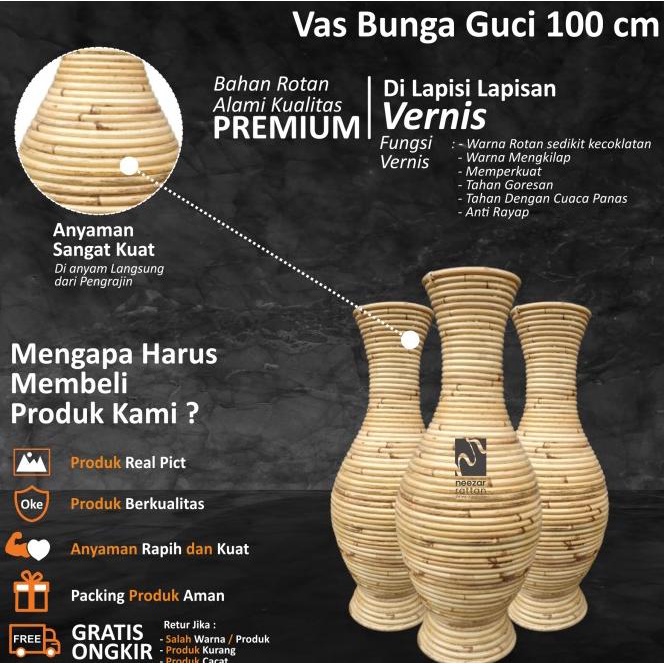 Vas Pot Guci Tempat Bunga Dari Rotan Tinggi 100 Cm