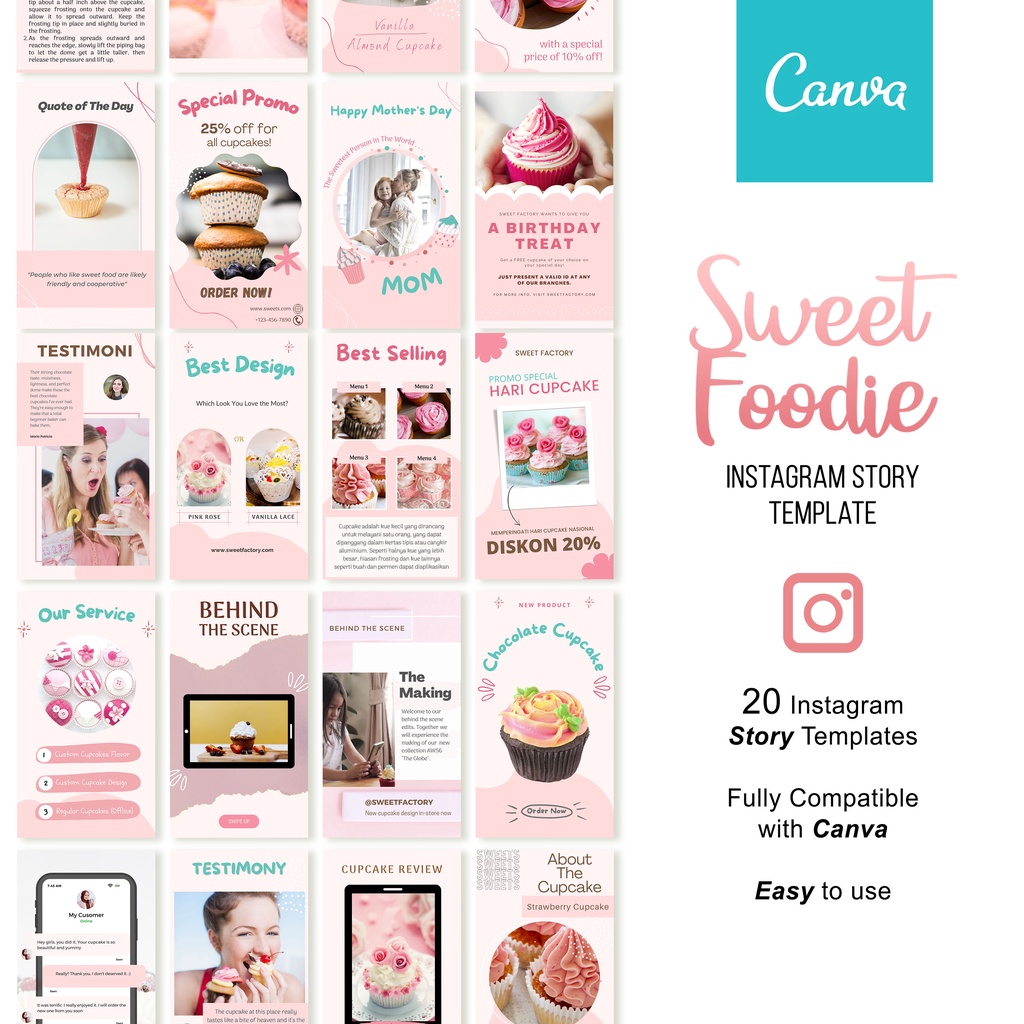 20 Instagram STORY Template Untuk BISNIS MAKANAN MANIS - Edit dengan Canva- Digital download- No Ong