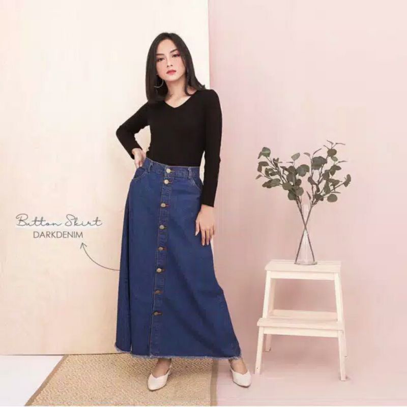 Rok button skirt jeans putih panjang kancing Rok jins denim span knitted hitam Rok wanita-ROK NAVY