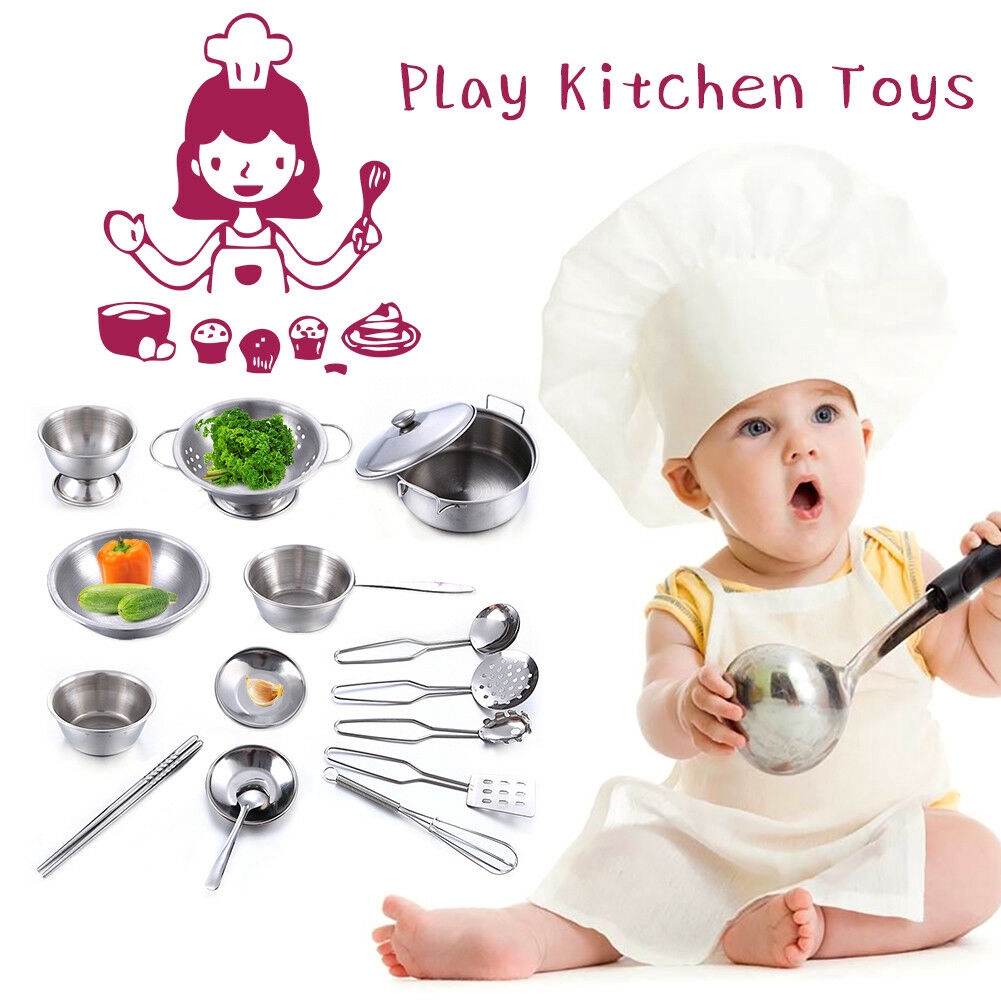 16Pcs Peralatan Dapur Bahan Stainless Steel untuk Bermain Peran-2