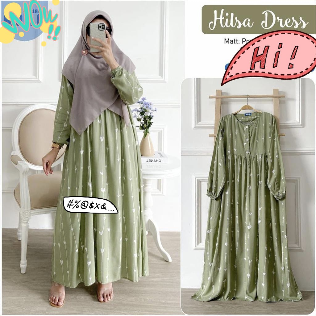 BISA COD GAMIS HILSA LOVE GREEN BAHAN RAYON TERBARU / GAMIS WANITA BAHAN RAYON