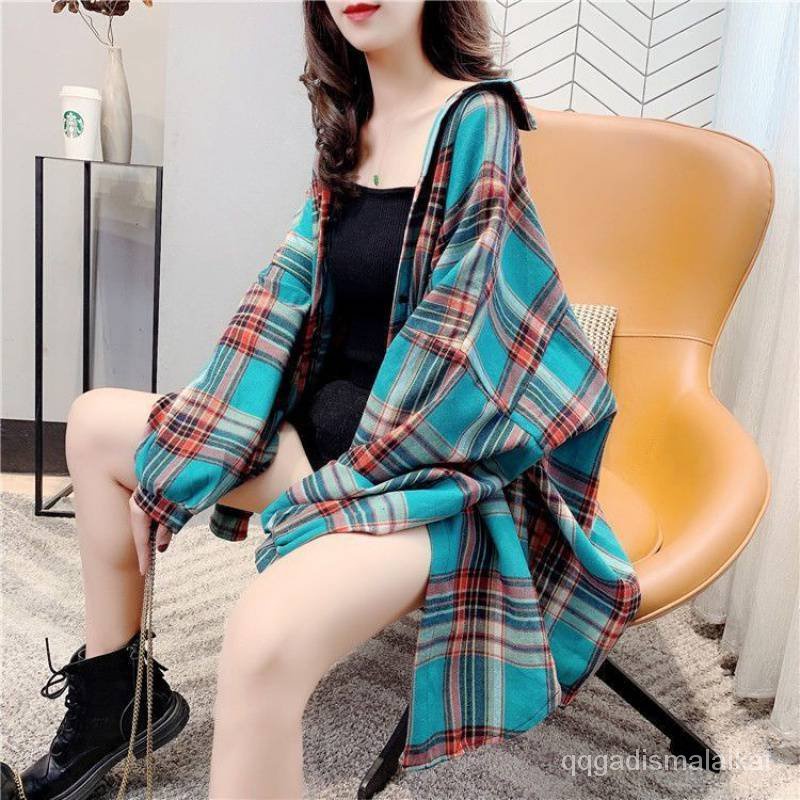 Blouse Kemeja kotak-kotak  Kemeja Berskha Kotak Korean Knit Lengan Panjang Kemeja kemeja hitam kemeja kunin