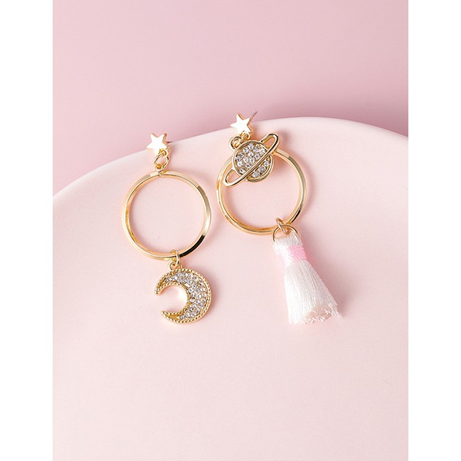 LRC Anting Tusuk Fashion Asymmetric Planet Moon Ring Tassel Earrings D84907