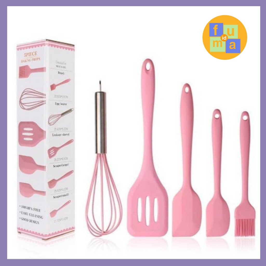 Spatula Set 5 IN 1 Alat Masak Sutil Scrap Kocokan Bahan Silicone Lengkap Satu Paket Set Praktis