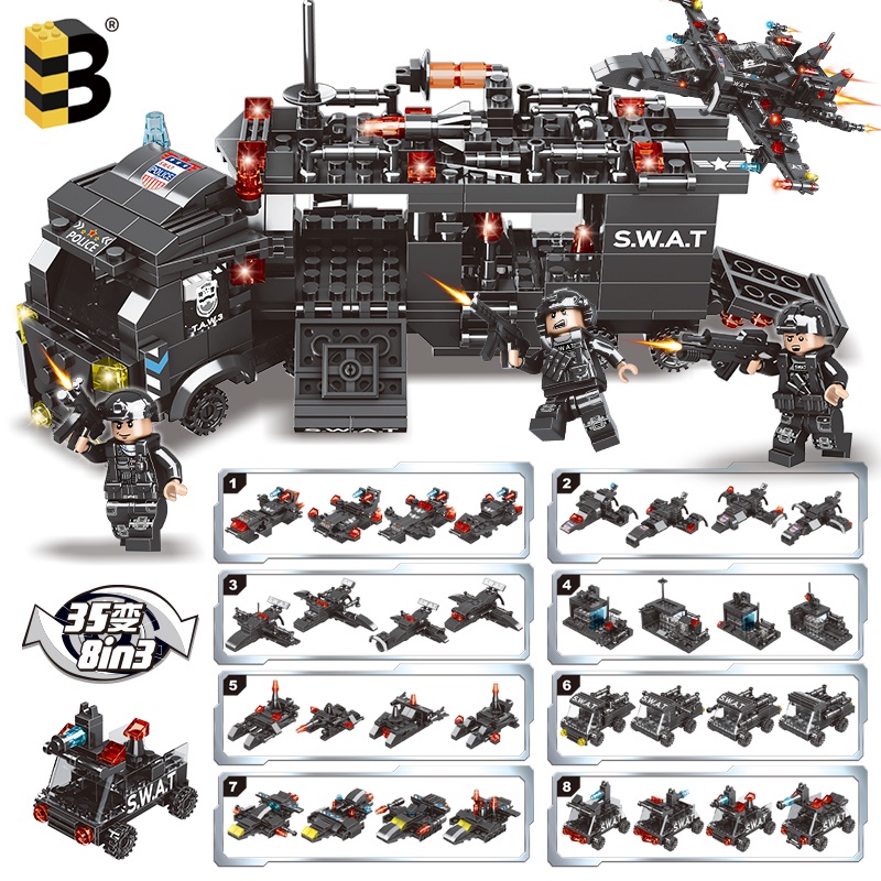 Lego Blok Bangunan SWAT Polisi Kendaraan Robot Mobil Blok Hadiah Ulang Tahun Mainan untuk Anak Laki-