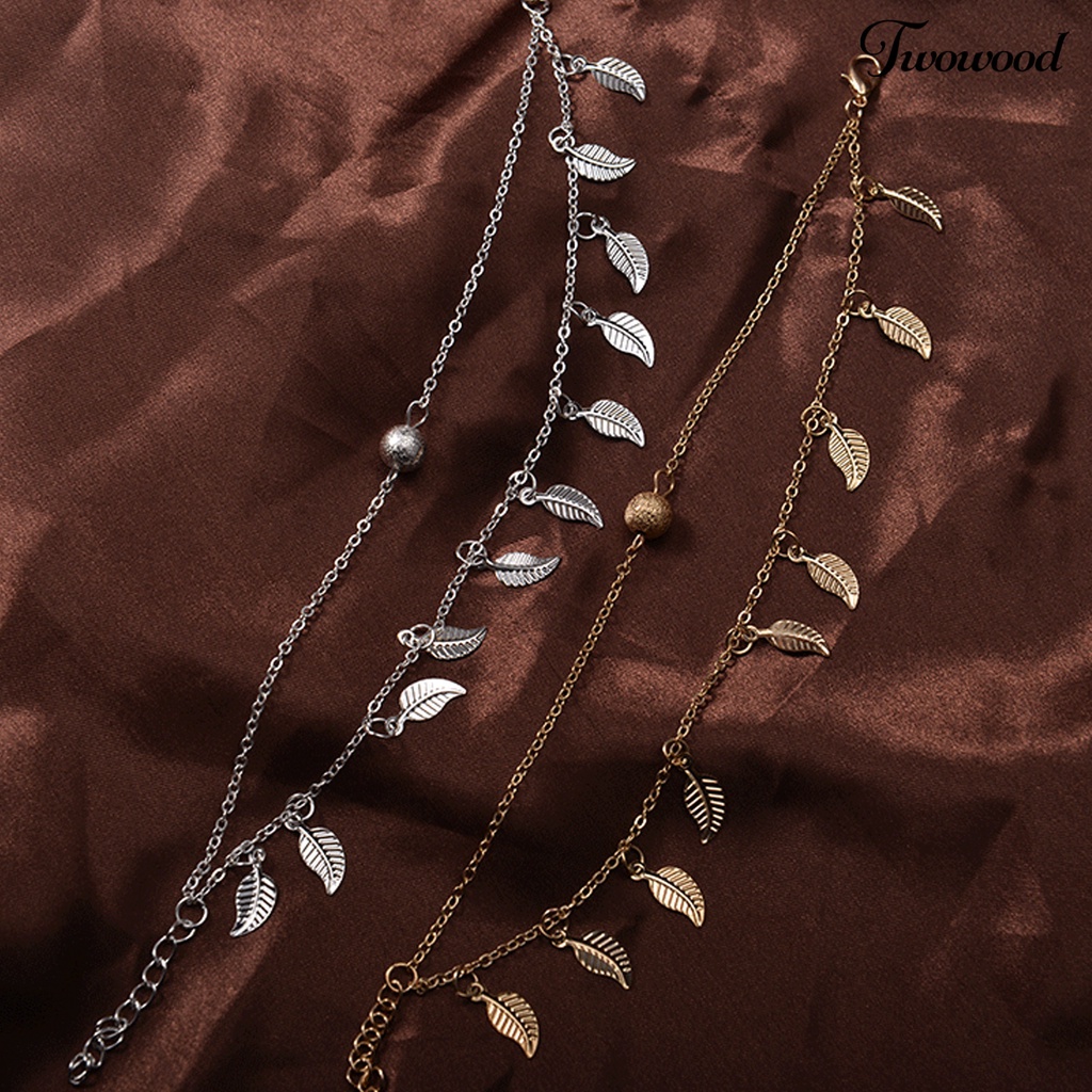 Gelang Kaki Rantai Dua Lapis Dengan Liontin Daun Dapat Disesuaikan Tahan Lama Untuk Wanita