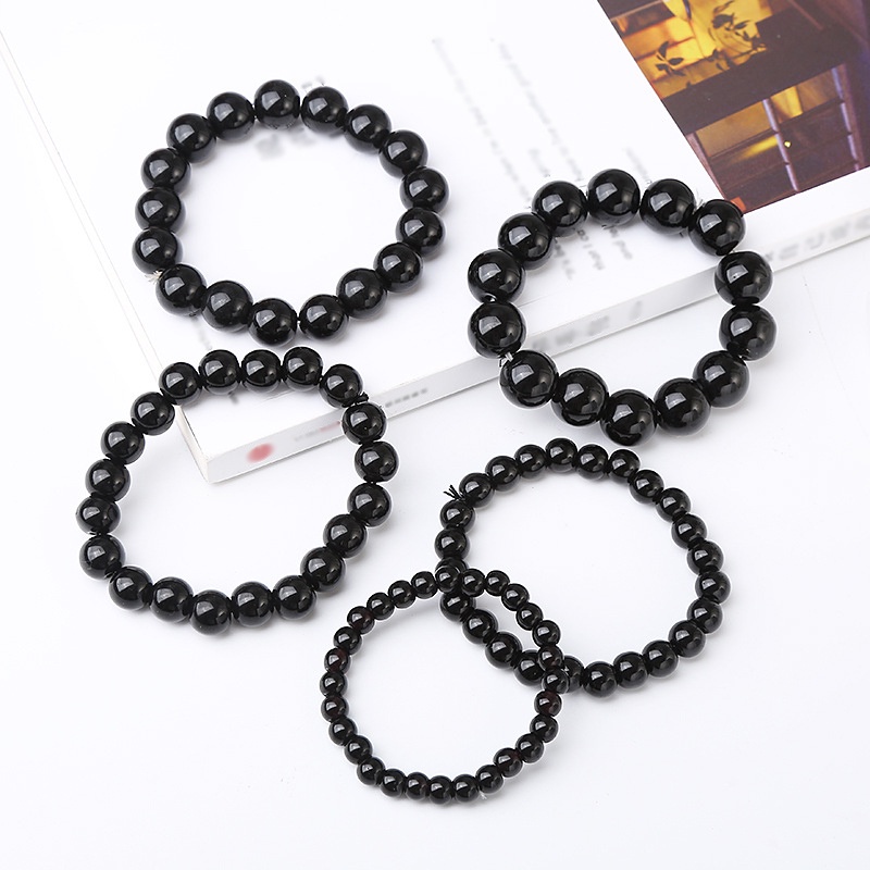 Gelang Manik-Manik Batu Obsidian Bulat Elastis Warna Hitam Untuk Pria / Wanita