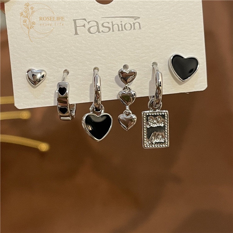 6pcs / Set Anting Rantai Rumbai Bentuk Hati Warna Hitam Untuk Wanita