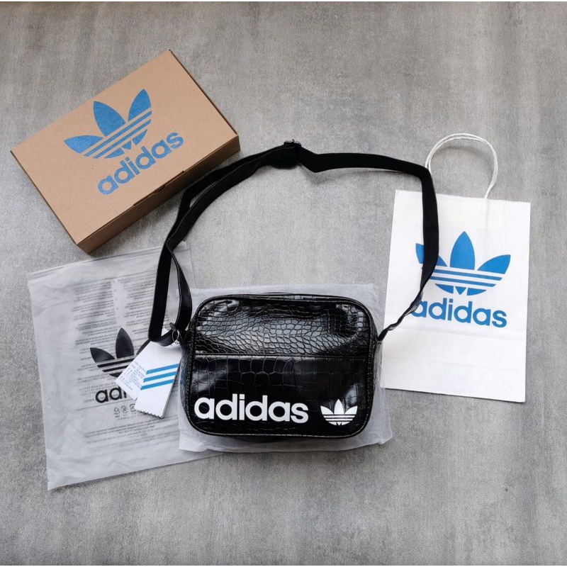 Adidas Sling Bag Snake Skin Leather Black With Plastic, Box N Paperbag