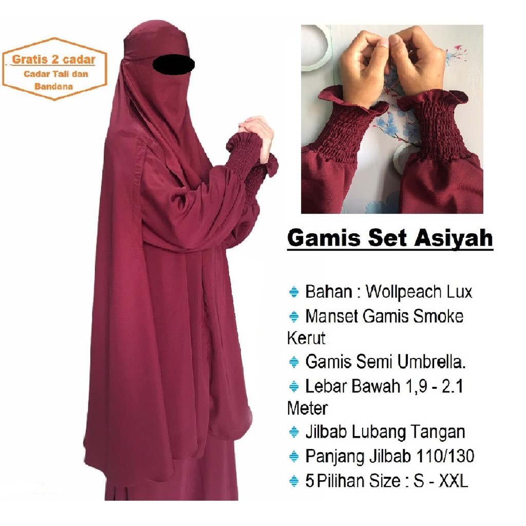 Moza Set / Gamis Syari Set Jilbab Cadar dengan Manset Smock Kerut pada lengan Bahan Wolfis Lux Tebal