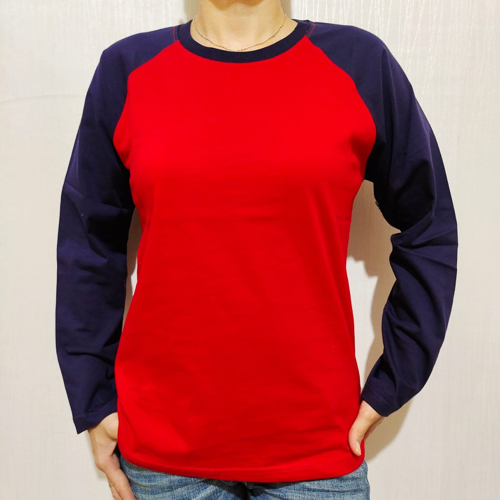 Kaos polos reglan merah lengan navy panjang M L XL XXL