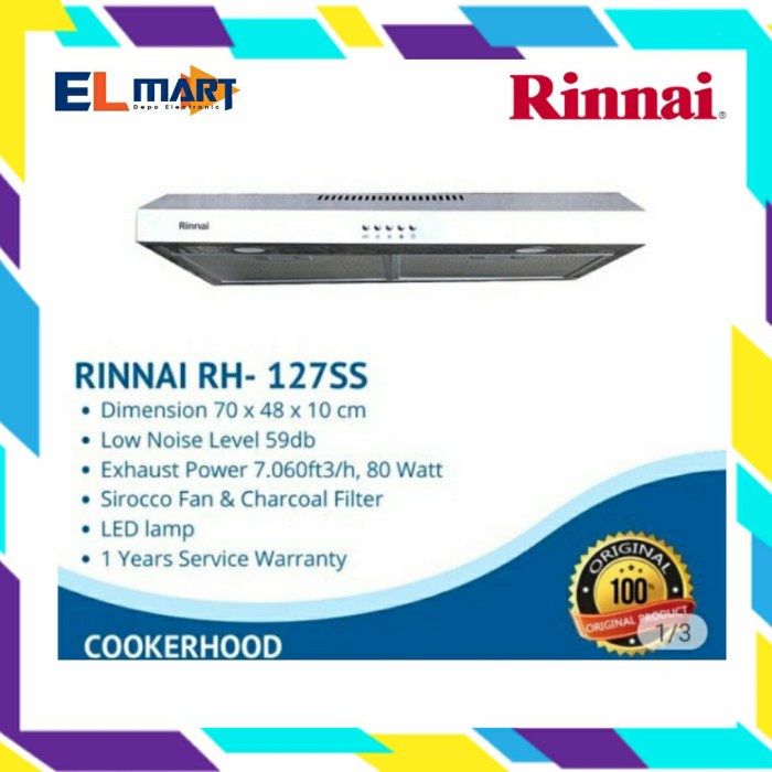 Cooker Hood Rinnai 70cm Stainless RH 127SS 127 SS Penghisap Asap Dapur