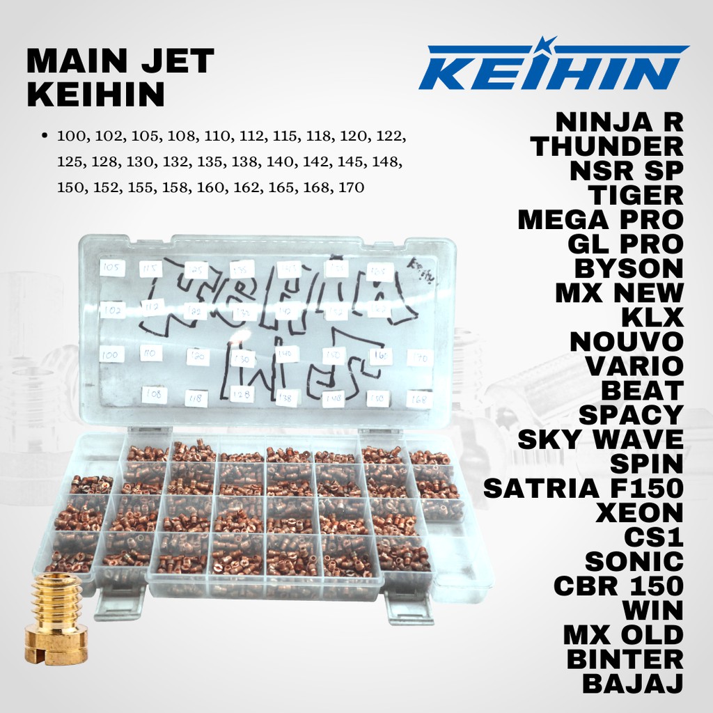 Main jet spuyer Keihin Ninja R Tiger PE PWL Nsr Byson MX KLX Nouvo Vario spin satria f150 sonic