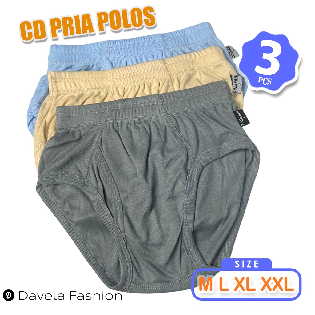 3 Pcs Celana Dalam Pria KARESHI POLOS KARET KERUT Size L XL XXL