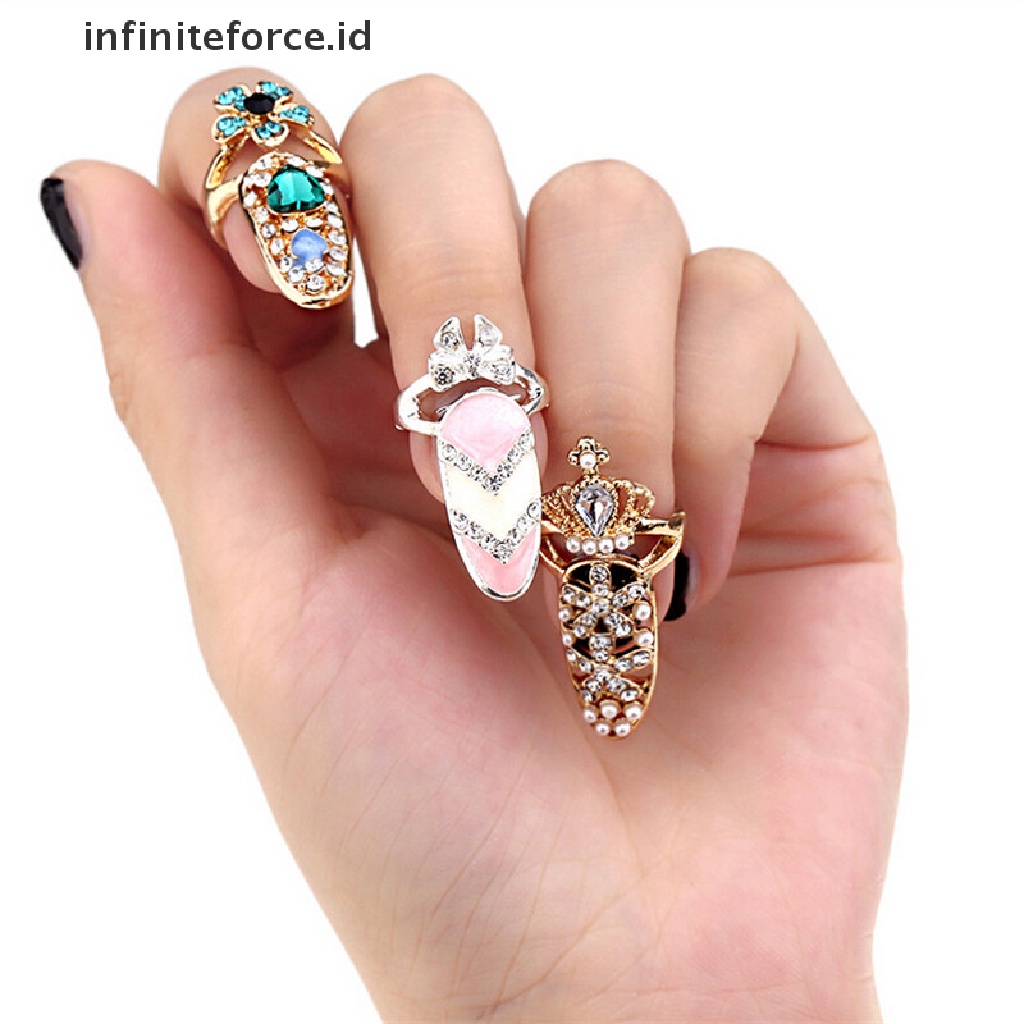 Infiniteforce.id Cincin Kuku Motif Mahkota + Bunga Aksen Kristal Untuk Perhiasan Wanita