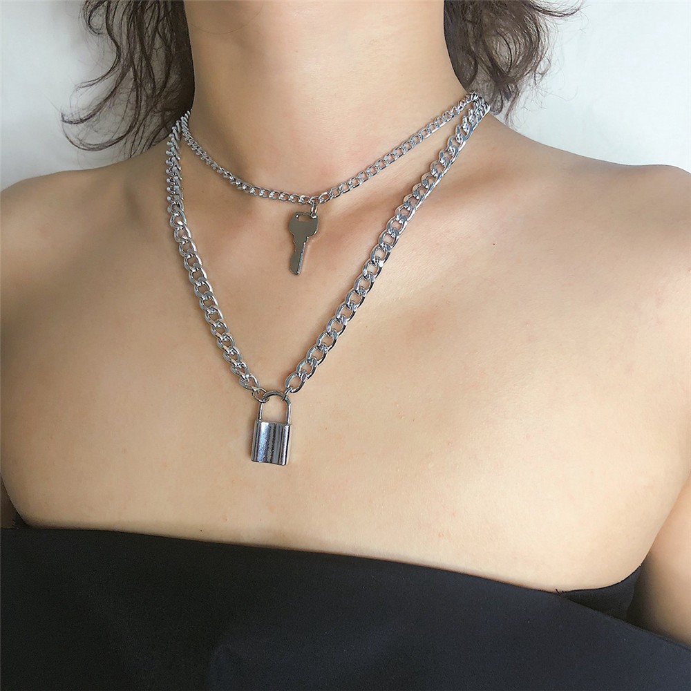 【COD Tangding】Double Line Key Lock Fashion Cool Girl Chain Necklace