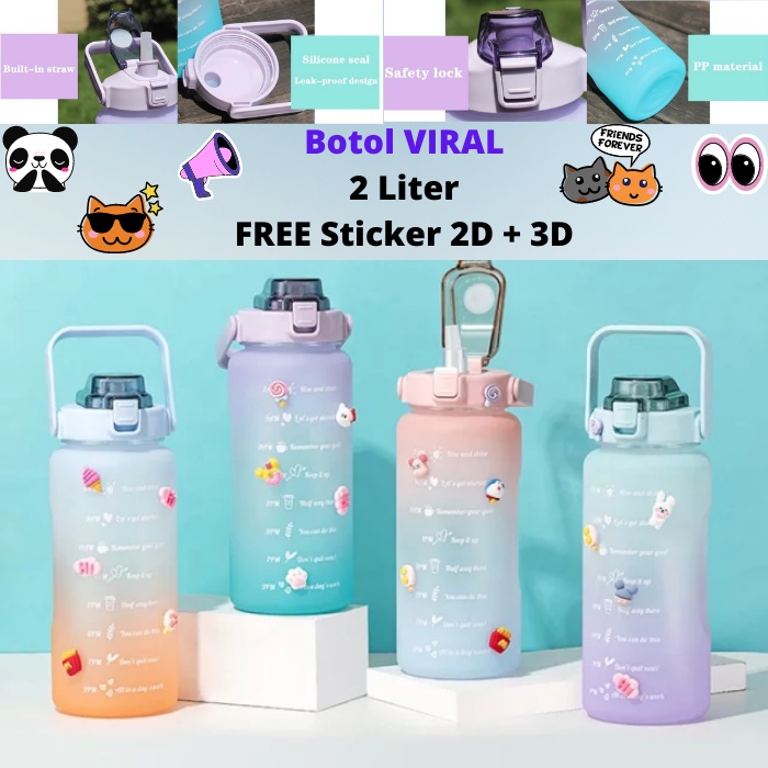 Botol Minum 2 Liter 2 L Botol Minum Viral Botol Minum Pelangi Korea Motivasi 2000 ML Anti Bocor Free Sticker 2D 3D