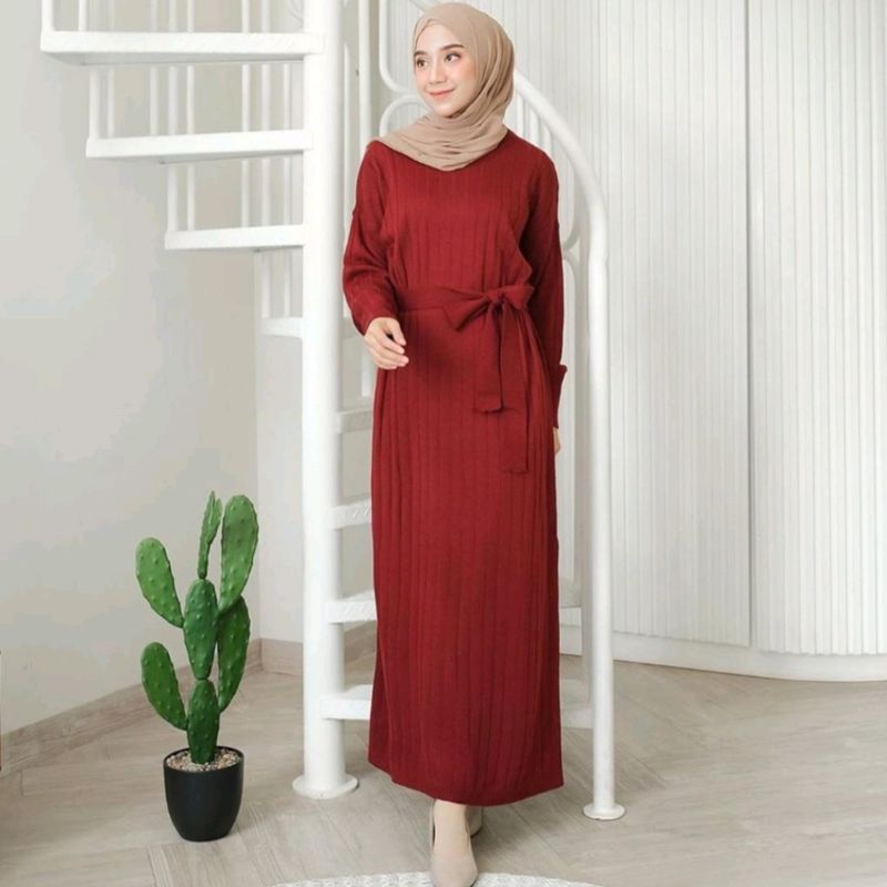 Kava Long Dress(+Belt) Knit / Dress Rajut / Long Dress / Baju Muslim Wanita / Dress Knit / Gamis