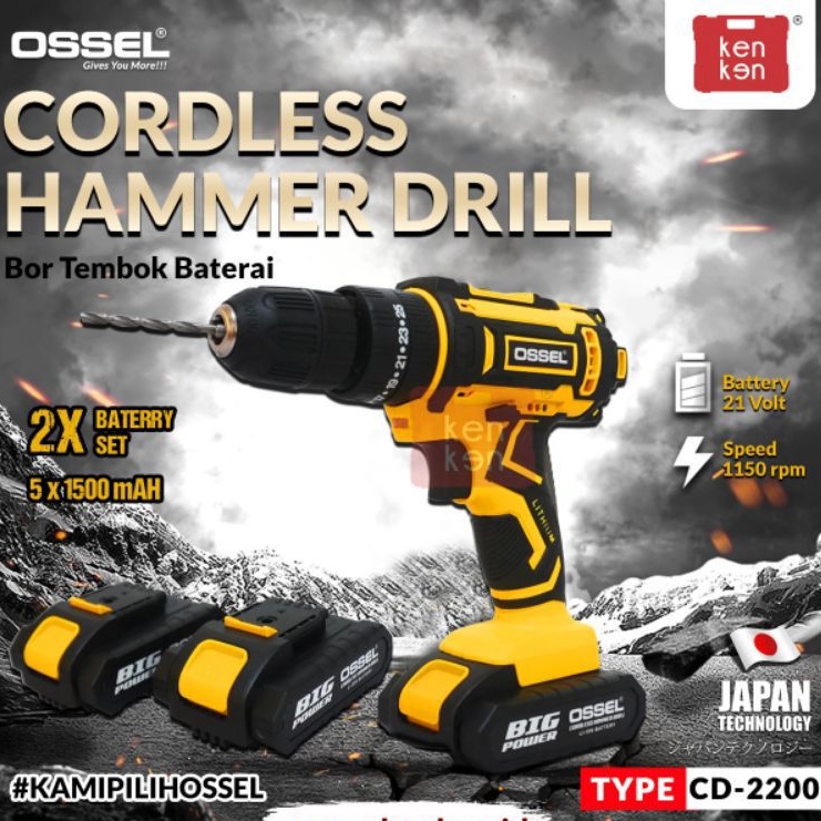 OSSEL Cordless Hammer Drill Bor Tembok Baterai Charger Double Baterai Bor Baterai OSSEL