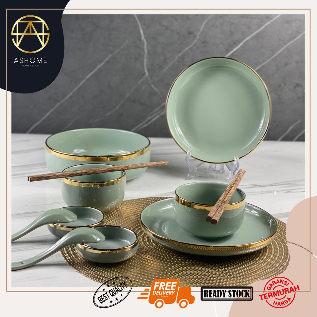 ASHOME Piring Set 2 Orang Piring Makan Set Keramik Light Green Gold Isi 9 Pcs / Piring Set Keramik L