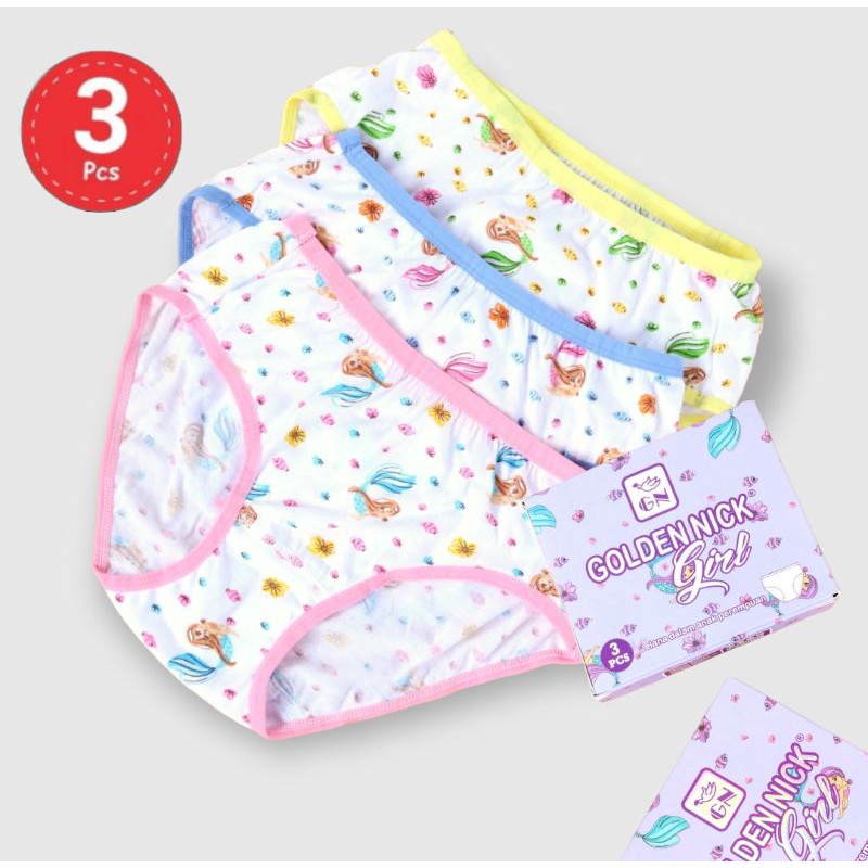 [ 3 Pcs ] CD Anak GOLDEN NICK Girl 073 Box Ungu | Motif Print Mermaid | Celana dalam anak
