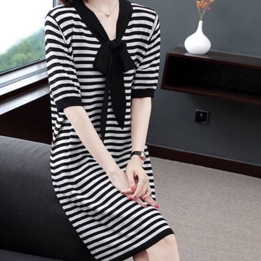 mid-length rok A-line wanita Korea longgar kasual lengan pendek