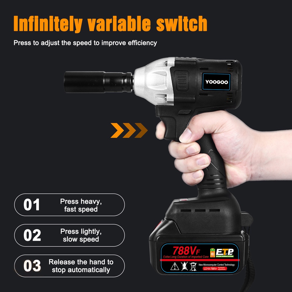 788VF Cordless Impact Wrench 48V 880N.M Soket Listrik Torsi Reverse Ban Perbaikan Pembongkaran 2 Baterai