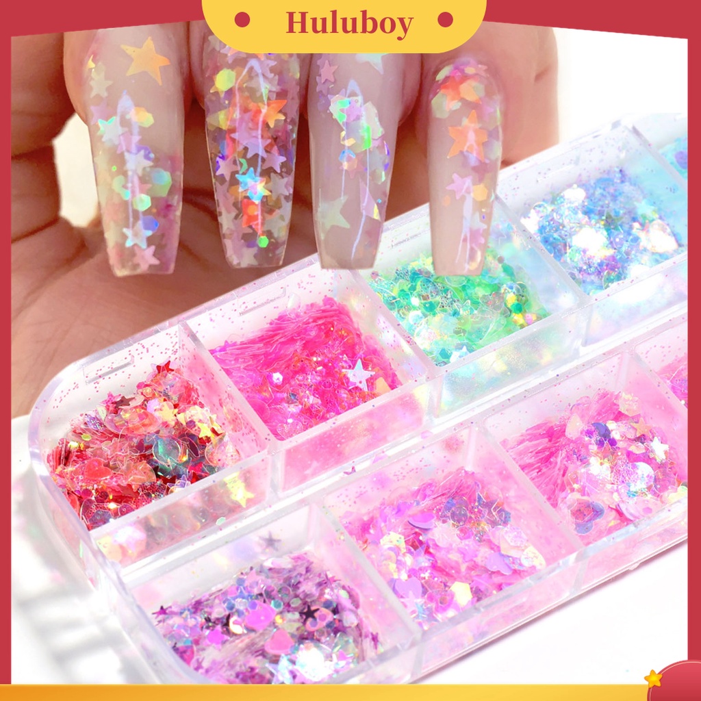 Huluboy Huluboy♡ Ornamen Stiker Kuku 12 Grids / Box Bentuk Bulan Bintang Bahan Plastik